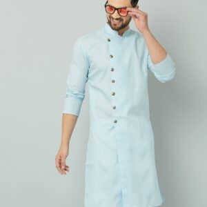 Blue cotton Indian kurta with buttoned collar.