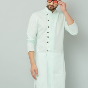 Cotton mint green Indian kurta with buttoned collar.