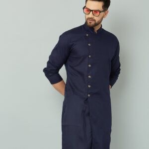 Traditional Indian men's navy blue kurta with intricate embroidery.