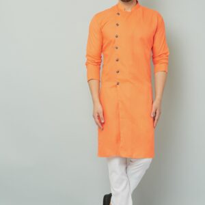 Traditional Indian orange kurta with intricate embroidery.