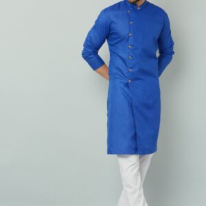 Blue solid cotton kurta pajama.