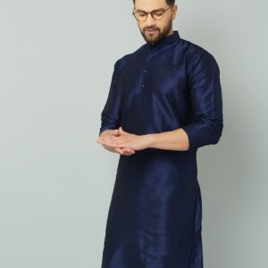 Stylish navy silk kurta with intricate embroidery.